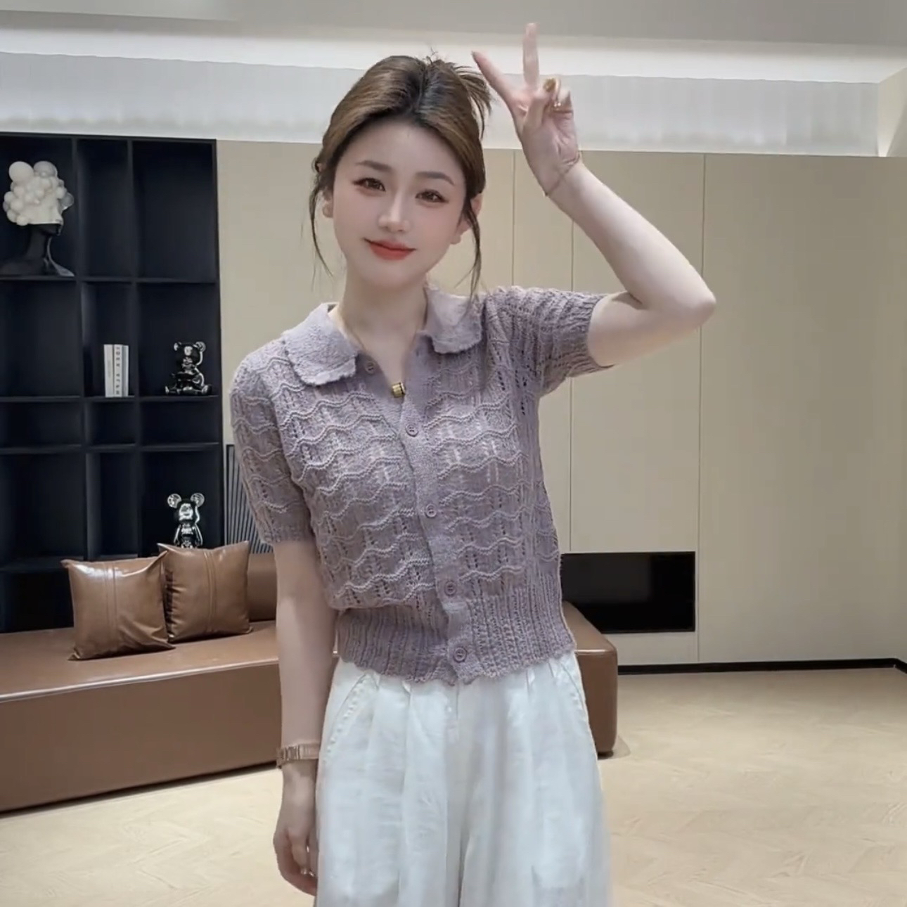 콩 추천 봄 여름 홀로우 아웃 POLO 칼라 싱글 줄 버튼 통기성 샤오시엔 맨위
