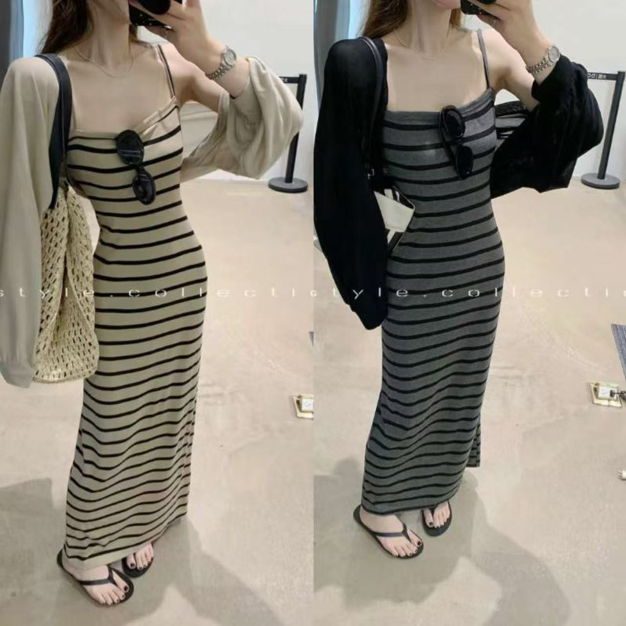 무료 느슨함 스트라이프 편안함 슬립 드레스 투피스 세트