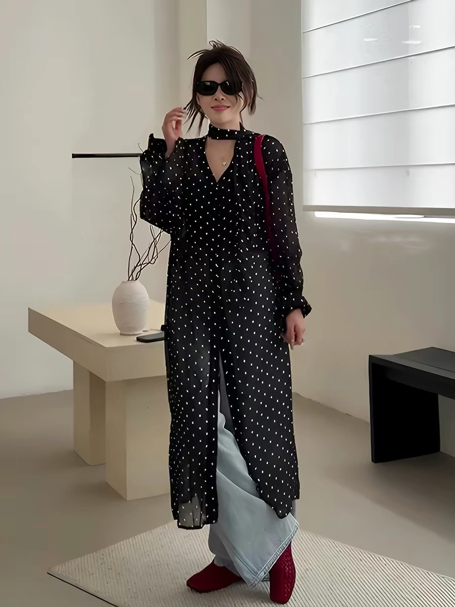 ayw 도트 무늬 통제 프랑스식 품격 레트로 쉬폰 꽃무늬 드레스 루즈핏 슬림해 보이는 느긋한 센스 심지어