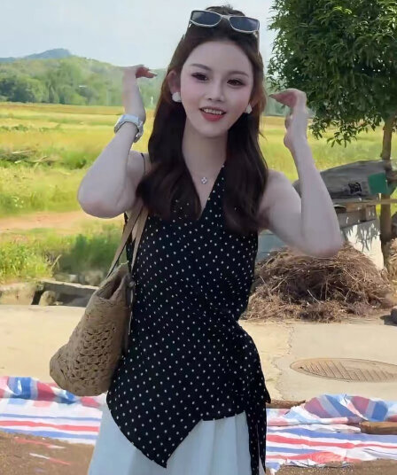 검정색 도트 무늬 V넥 민소매 얇은 스타일 여성 셔츠 2026 새로운 여름 불규칙 스트랩 슬림해 보이는 쇼트 스타일 맨위