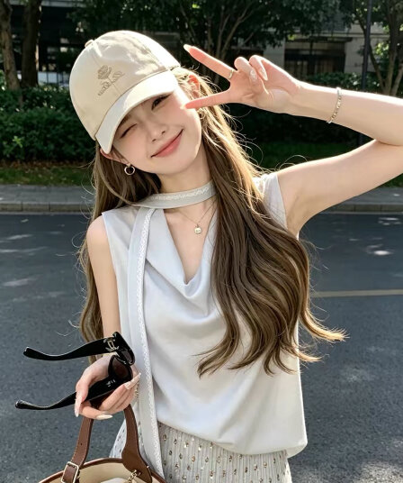 프랑스식 품격 흔들다 칼라 행침 목 리본 민소매 조끼 여성 여름 새로운 디자인 센스 슬림해 보이는 출퇴근 다용도 맨위