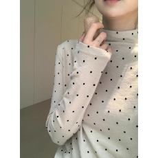 波点半高领长袖正肩t恤加绒打底衫女秋冬修身短款内搭中领上衣厚