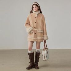 批发Cindral熙地麂皮绒羊羔毛外套女中长款新款皮毛一体加绒加厚夹克