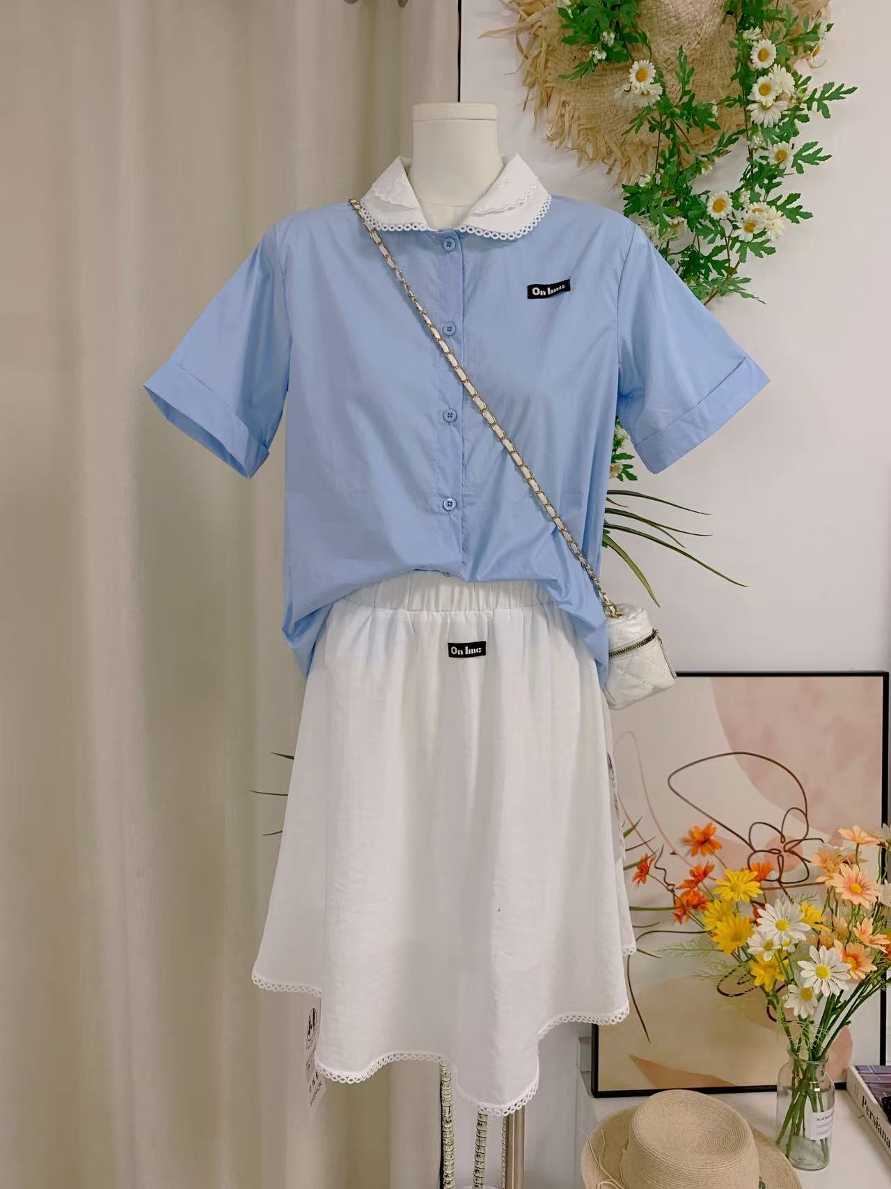coolline 숲 희 사랑 베이비 칼라 파란색 반팔 셔츠 둘 색상 반신 치마 세트