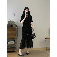 批发实拍大码女装2026夏季新款高级感法式钉珠黑色正肩胖MM显瘦<b class='q'>连衣裙</b>