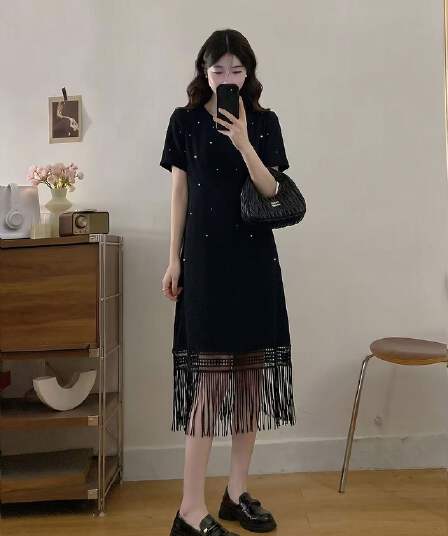 실사 빅 사이즈 여성 의류 2026 여름 새로운 프랑스식 품격 술 지방 mm 비즈 박기 루즈핏 슬림해 보이는 드레스