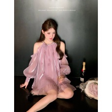 批发【杨小卷 1/13 10:00 上新首发享85折】立体花朵<b class='q'>露肩</b>挂脖<b class='q'>连衣裙</b>