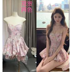 批发你的懒懒llan【白兰地花神】复古<b class='q'>碎花</b>心形抹胸连衣裙+短<b class='q'>裤</b>套装女