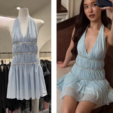 批发summer rose法式闪闪挂脖连衣裙小众深V钻饰<b class='q'>礼服</b>年会party露背裙