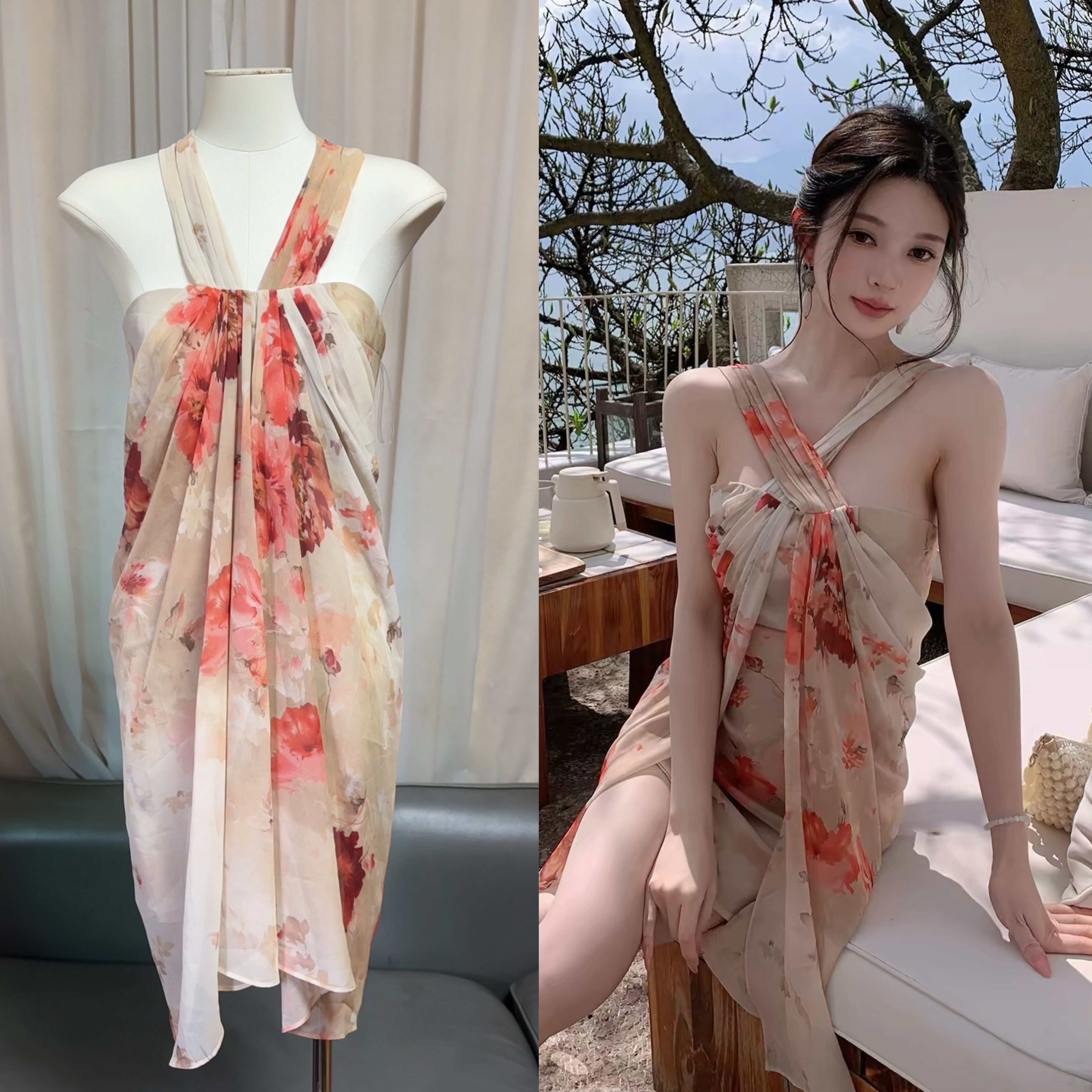 dfay 주황색 안개 건강 꽃 섹션 더블 원단 공단 실 결합 꽃무늬 여성 드레스 여름 고급 센스 품격