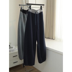 批发韩系别致拼色松紧腰头束脚卫裤女秋冬季小个子加绒加厚阔腿<b class='q'>休闲</b>裤