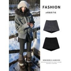 批发<b class='q'>灰色</b>高腰毛呢短裤女春2026新款冬显瘦阔腿设计感a字打底外穿靴裤