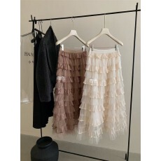 批发黑色卡其色纱A字裙蛋糕裙欧货中<b class='q'>长裙</b><b class='q'>半身裙</b>显瘦韩版女92