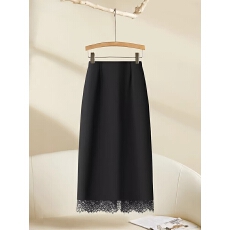 批发黑色<b class='q'>蕾丝</b>拼接西装半身裙女2026新款春季高腰直筒中长款开叉包臀裙