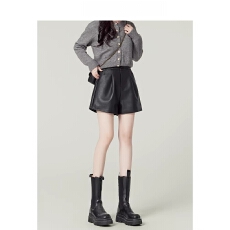 批发美式辣妹黑色PU皮裤女春包臀靴裤高腰A字阔腿休闲短裤子