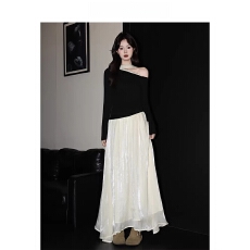 批发氛围感杏色高腰A字大摆半身裙女秋季绝美流光网纱长裙子