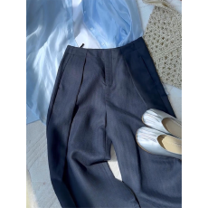 批发老钱风藏青色休闲<b class='q'>裤</b>夏季高腰压褶时尚不贴腿<b class='q'>亚麻</b>西装<b class='q'>裤</b>