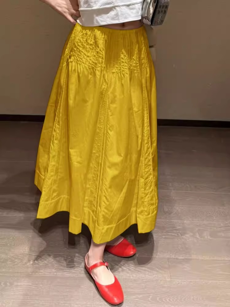 2026 년 여름 새로운 슬림해 보이는 반신 스커트 여성 달콤함 하이웨이스트 품격 연령 감소 황색 길다 치마