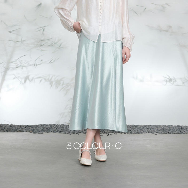 2026 봄 여름 새로운 비스듬한 자르다 반신 스커트 새틴 A라인 스커트 인어 꼬리 롱 스커트 여성