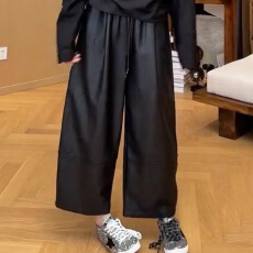 批发压线抽绳皮裤<b class='q'>女</b><b class='q'>装</b>2025早秋立体剪裁大码胖mm时尚百搭阔腿弯刀裤子