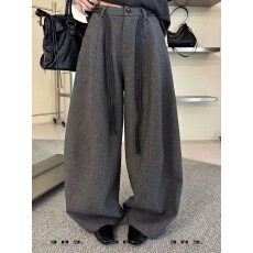 批发灰色羊毛呢西<b class='q'>装</b>阔腿裤<b class='q'>女</b>2025秋季新款高腰直筒拖地弯刀休闲裤腰带