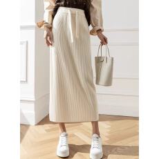 批发纯色坑条针织半身裙女中长款高腰抽绳系带遮胯包臀裙显瘦直筒裙子