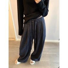 批发优质 松紧腰格纹加厚毛呢休闲裤女<b class='q'>秋</b>冬直筒阔腿裤子宽松长裤