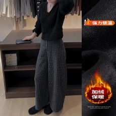 批发景倩妮韩系<b class='q'>百搭</b>毛呢格子<b class='q'>裤</b>2025年秋新款加绒高腰显瘦九分阔腿<b class='q'>裤</b>