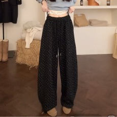 批发秋冬加绒加厚新款绒花百搭松紧腰休闲裤碎花宽松遛弯长裤