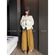 批发复古休闲百搭阔腿裤秋冬松紧腰时尚冬季加绒加厚休闲宽松女裤