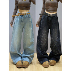 批发美式辣妹镶钻<b class='q'>牛仔裤</b>女2026春新款阔腿裤<b class='q'>休闲</b>显瘦长裤
