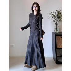 批发格雷系a<b class='q'>字</b>百褶<b class='q'>半身裙</b>女秋冬法式胖MM高腰遮胯中长款毛呢针织长<b class='q'>裙</b>