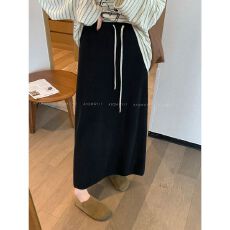 批发黑色抽绳安迪绒高腰<b class='q'>半身裙</b>女2025秋冬新款直筒长<b class='q'>裙</b>子