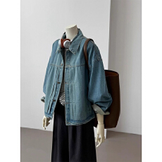 批发CHAO级推荐美式复古穿搭港风复古浅蓝色廓形宽松休闲牛仔外套