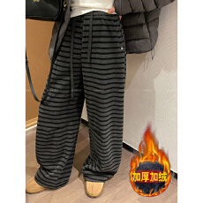 批发秋冬新款高腰显瘦拖地<b class='q'>裤</b>潮欧货<b class='q'>条纹</b>加绒直筒阔腿<b class='q'>裤</b><b class='q'>宽松</b>大码S-4XL