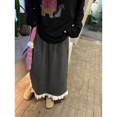 批发气质蕾丝花边下摆波点丝绒半身裙加绒甜美高腰显瘦直筒中<b class='q'>长裙</b>