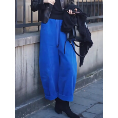 批发蓝色灯芯绒休闲裤女装秋季新款法式高级时尚宽松好看小个子裤子潮