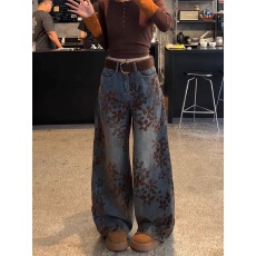 批发美式复古提花加厚<b class='q'>牛仔裤</b>子女秋冬季新款高腰直筒宽松阔腿长裤