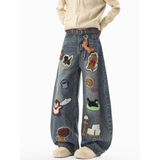 批发美式复古卡通毛巾刺绣设计水洗弯刀<b class='q'>牛仔裤</b>女秋季休闲宽松阔腿裤子