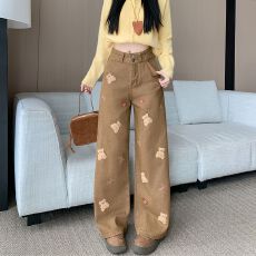 批发实拍实价~小熊刺绣<b class='q'>牛仔裤</b>女新款美式复古长裤宽松阔腿<b class='q'>牛仔裤</b>子潮