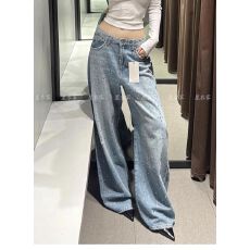 批发美式辣妹设计感小众<b class='q'>珠宝</b>水钻拼接牛仔裤子女复古<b class='q'>时尚</b>百搭拖地长裤