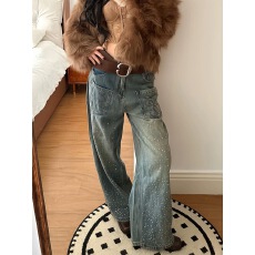 批发高个子口袋刺绣小众<b class='q'>镶钻</b>加厚高腰<b class='q'>牛仔裤</b>女2025秋冬新款辣妹直筒裤