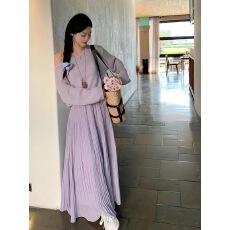 批发雨雾紫藤压褶半身裙女春季宽松a字裙褶皱大摆裙肌理感百褶双层裙