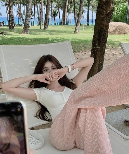 제한적 먼저 사쿠라 분말 부드러운 암소 pink summer ~ 중 질감 센스 스트라이프 모통이 칼 바지