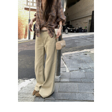 批发NanaByNana特殊洗色浅卡其牛仔裤女<b class='q'>秋</b>老钱风直筒休闲喇叭裤子