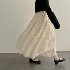 批发温柔的杏白。自制天然100支酵洗重工A字中长款半身裙蛋糕裙白