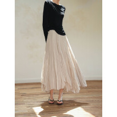 批发西西里复古杏色乱褶皱法式高级感垂坠飘逸百褶长半身裙