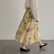 游园惊梦 2026春夏定染高支苎麻滤镜油画晕染风A字中长款半身裙