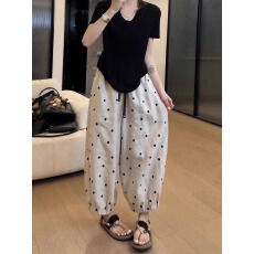 批发波点亚麻休闲裤子女<b class='q'>夏</b>季薄款大码胖mm宽松显瘦遮胯九分灯笼裤