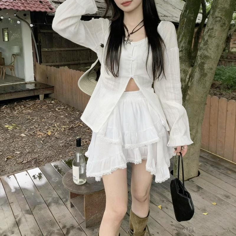 dawei 대 마이크로 홈 귀신 소녀 불규칙 레이스 레이스 반신 스커트 디자인 센스 케이크 미니 스커트